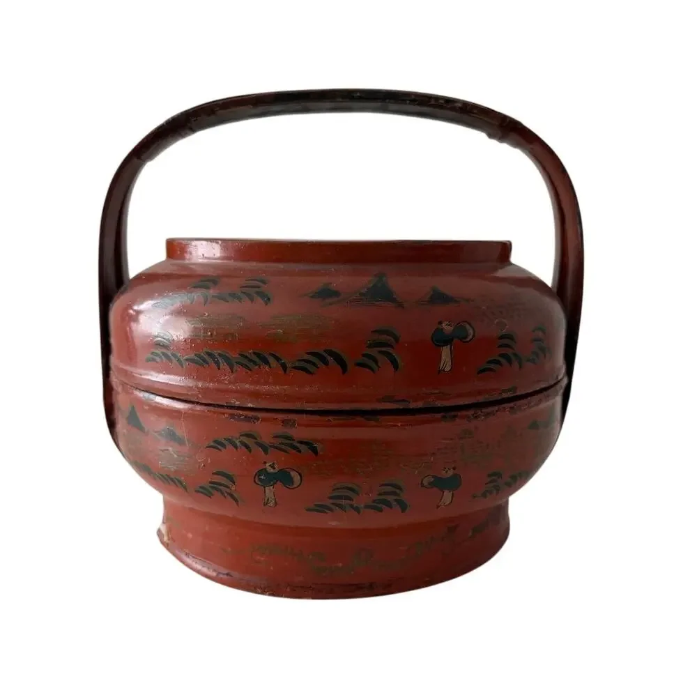 Vintage Traditional Chinese Asian Wedding Wooden Handled Basket Signed